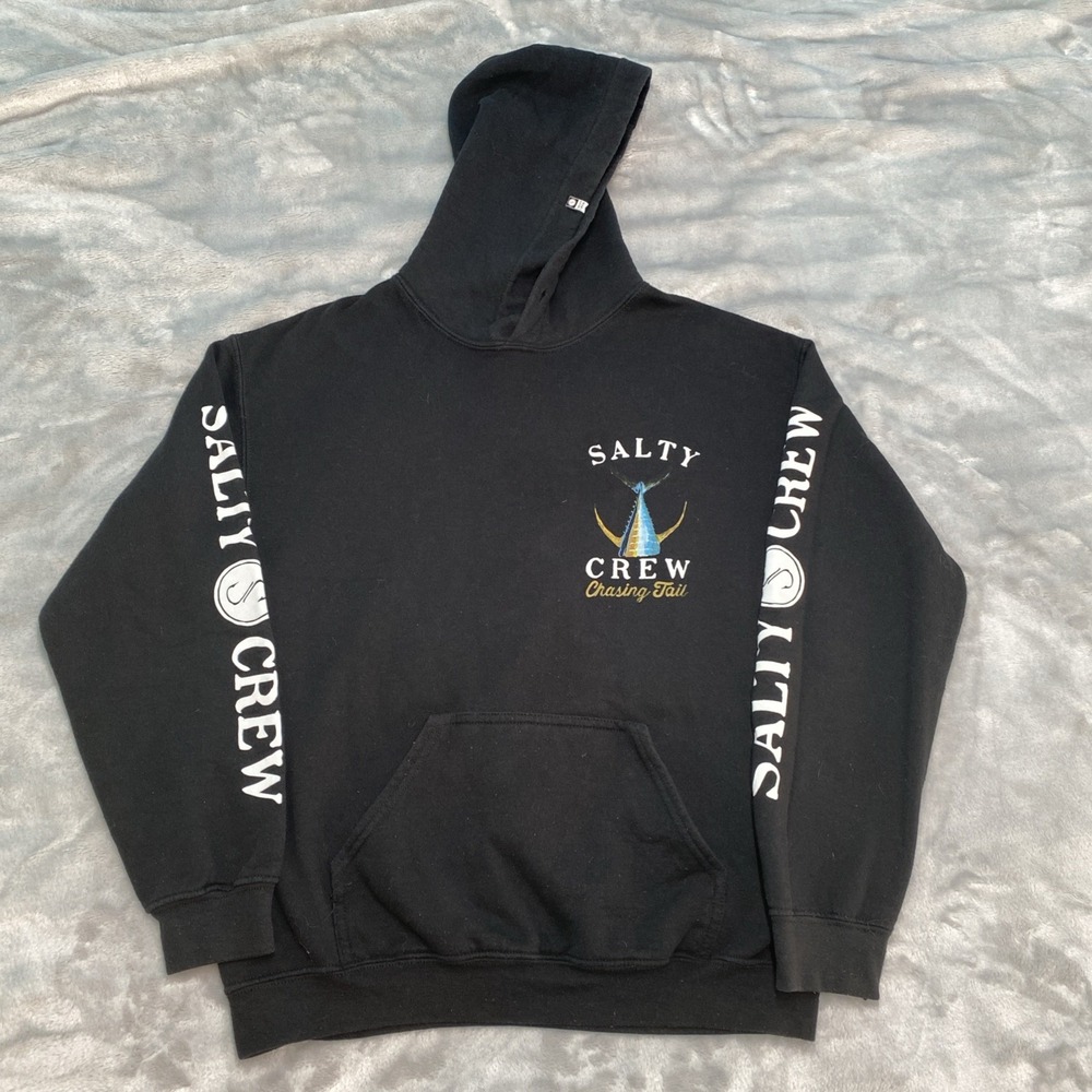 Salty Crew Chasing Tail Hoodie Men Medium Black Fishing Graphic Sweatshirt - Picture 2 of 11